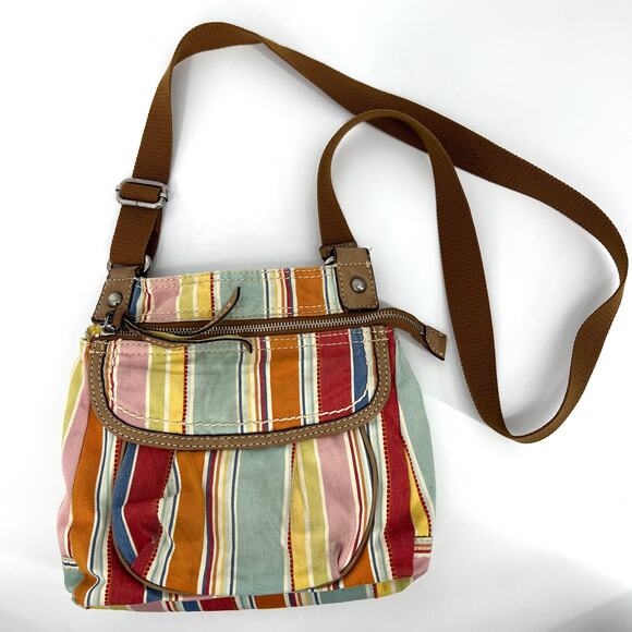 Fossil Watercolor Striped Organizer Denim Fabric Crossbody Purse Shoulder Bag - Picture 1 of 13